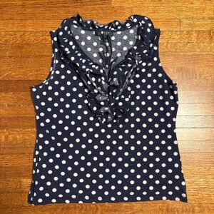 Lauren Ralph Lauren Navy White Polka Dot Ruffle Neck Sleeveless Top Size L